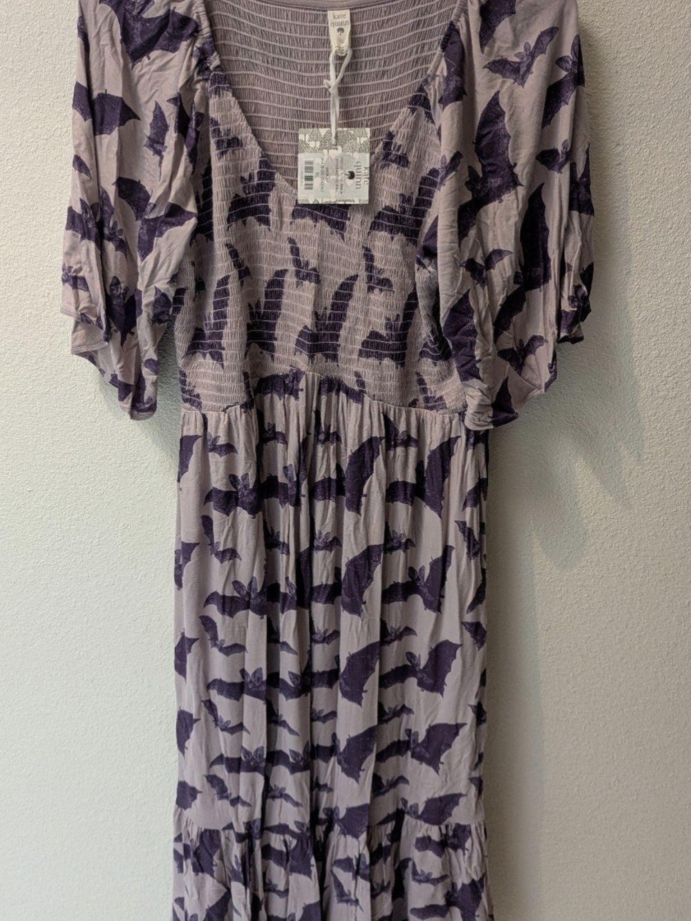 Kate Quinn womens flutter sleeve smocked midi dress | purple bats| bamboo XL - Picture 3 of 4